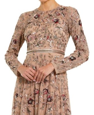  Long Sleeve Floral Embellished Mesh A Line Gown