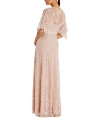 V Neck Flutter Sleeve Embellished Mesh Gown