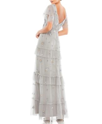 Ruffle Tiered Embellished Flutter Sleeve Gown