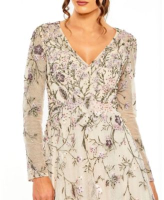 V Neck Long Sleeve Embroidered Gown