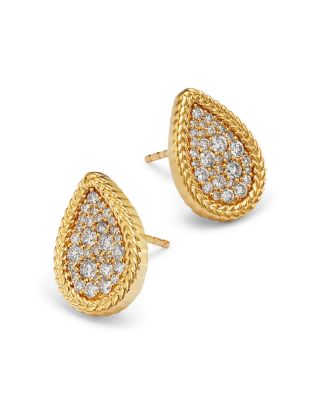 Diamond Pear Shaped Pave Studs with 14K Yellow Gold Bead Setting, 0.50 tcw