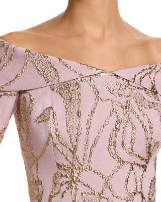 Jacquard Folded Off-the-Shoulder Elbow Sleeve Gown