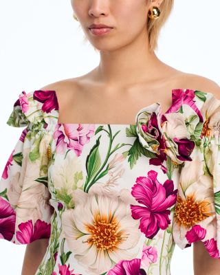 Off-the-Shoulder Cotton Floral Balloon Sleeve Dress