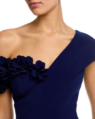 Stretch Crepe 3D Flower Asymmetric Neck Gown 