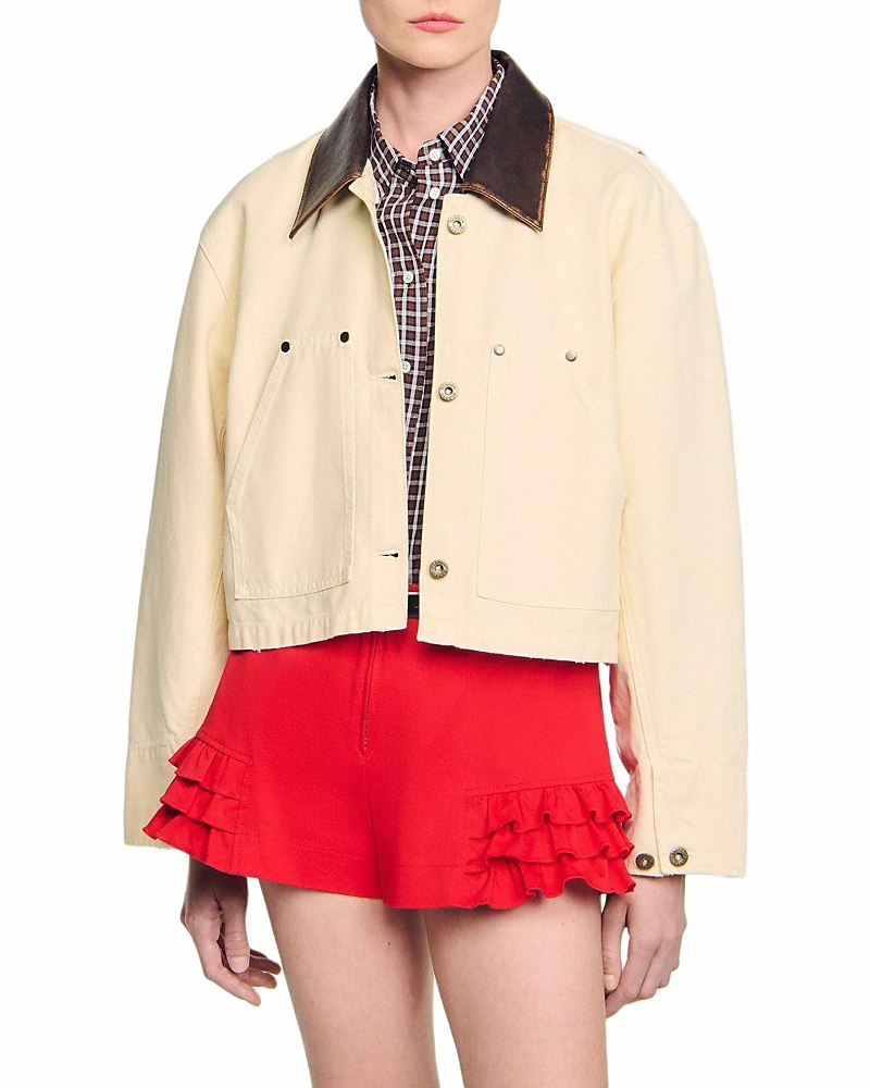 Sandro Womens Ecru Contrast-collar Cotton Workwear Jacket In Neutral