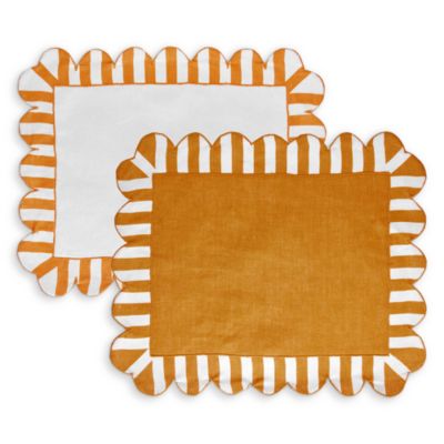 Jardin Embroidered Linen Scalloped Stripe Double-Sided Placemats, Set of 4