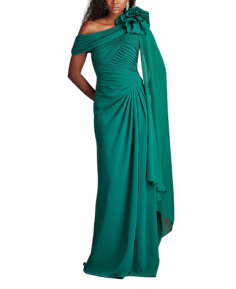 Tadashi Shoji Kamari Draped Rosette Shoulder Gown