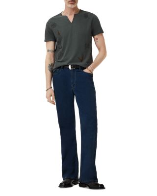 Regular Fit Embroidered Raw Edge V Neck Tee