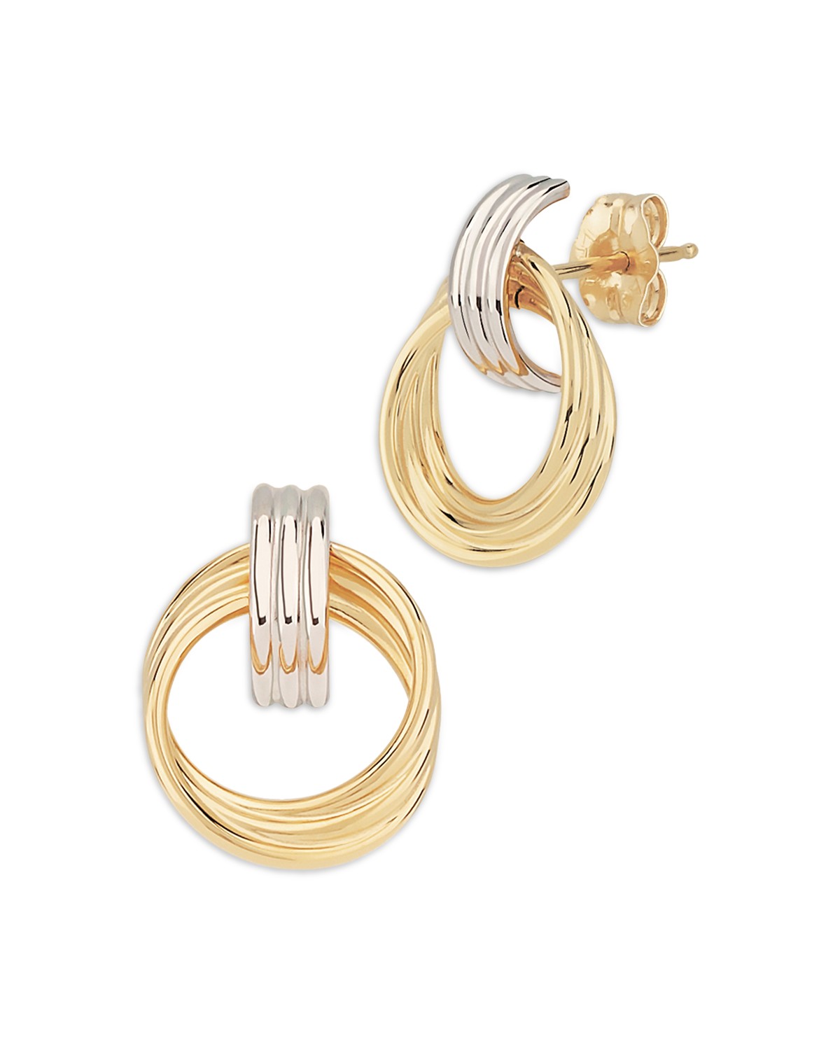 14K White & Yellow Gold Grooved Doorknocker Drop Earrings
