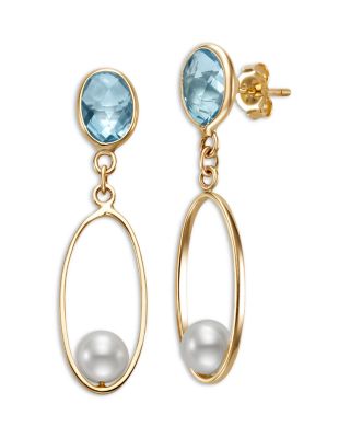 Bloomingdale's Fine Collection - Cultured Freshwater Pearl & Blue Topaz Oval Link Drop Earrings in 14K Yellow Gold