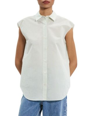 Cinched Cap-Sleeve Shirt in Striped Cotton-Blend