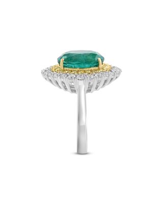 Emerald Double Halo Ring with White & Yellow Diamonds in 18K Yellow & White Gold