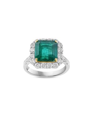 Emerald & Diamond Halo Ring in 18K Yellow & White Gold