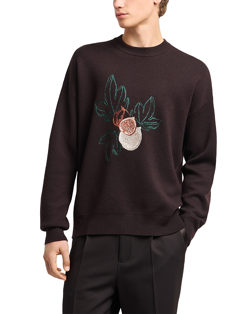 Emporio Armani Virgin-wool Plain-knit Jumper With Foliage Embroidery In Black