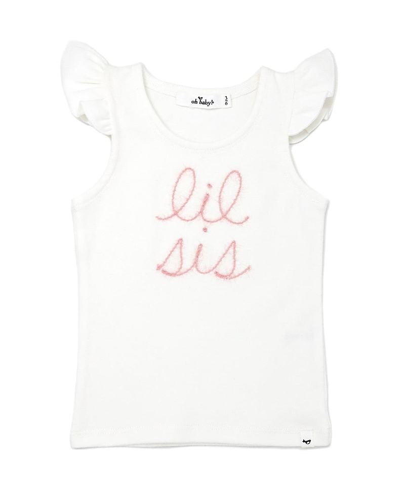 Oh Baby ! ! Girls' "lil Sis" Pink Sparkle Embroidered Flutter Sleeve Tank - Baby In White