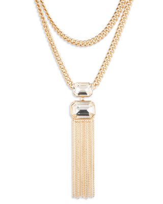 Crystal & Chain Tassel Layered Lariat Necklace, 16"