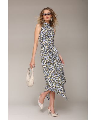 Printed Mock Neck Asymmetric Midi Dress