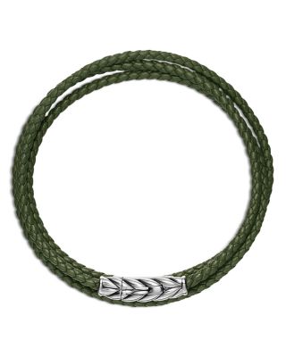 Men's Chevron Triple Wrap Bracelet in Green Leather with Sterling Silver, 3mm