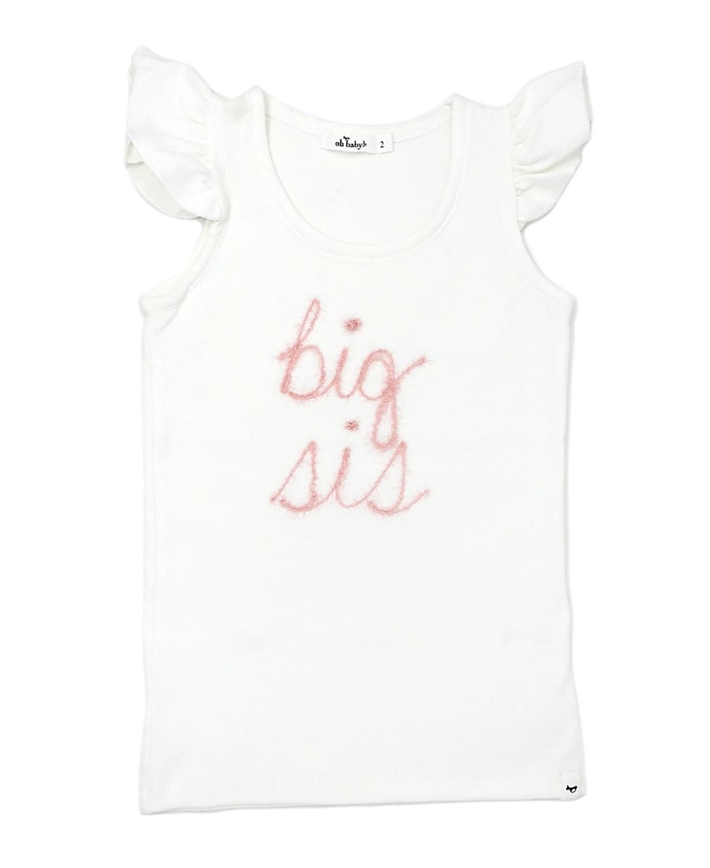 Oh Baby ! Girls' Flutter Sleeve Big Sis Pink Sparkle Embroidered Tank - Little Kid In White
