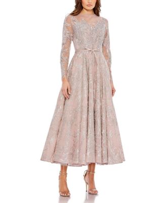 Mac Duggal - Embellished Bow Belt Illusion Long Sleeve A Line Dress