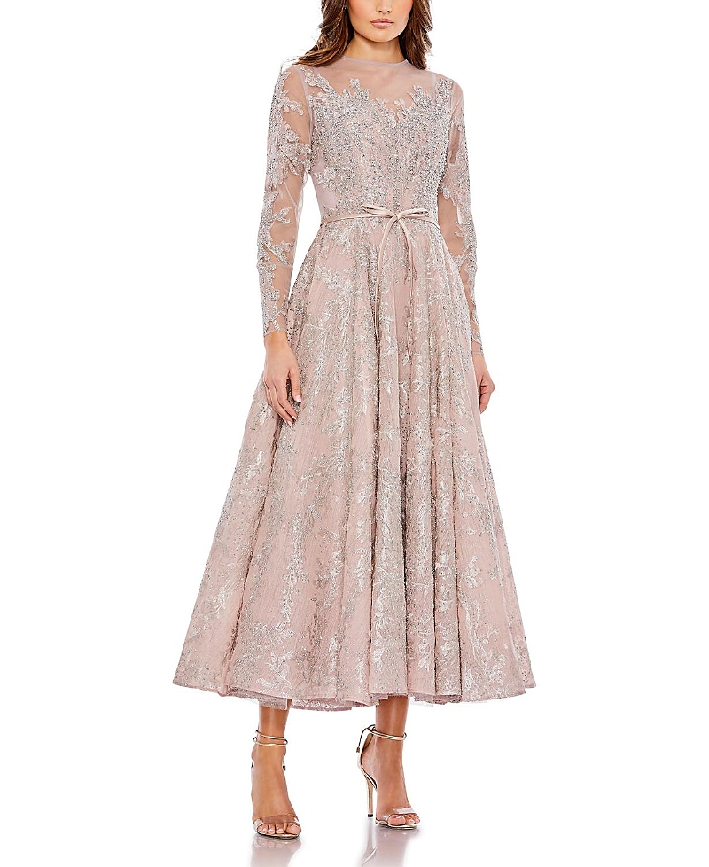 Mac Duggal Embellished Bow Belt Illusion Long Sleeve A Line Dress