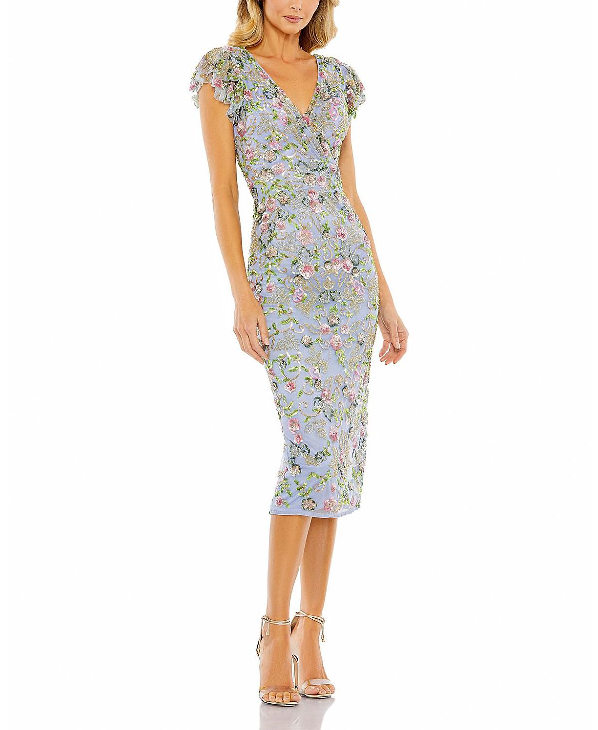Mac Duggal Floral Embellished Flutter Cap Sleeve Dress