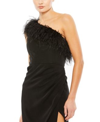 Asymmetric Draped Evening Dress with Feather Detail