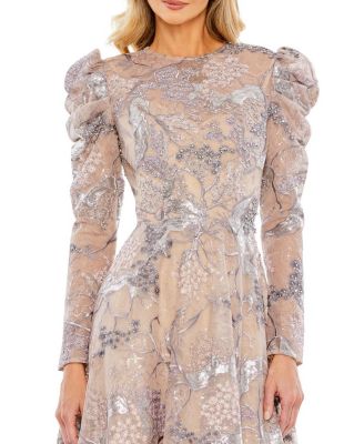Embellished High Neck Puff Sleeve A-Line Dress