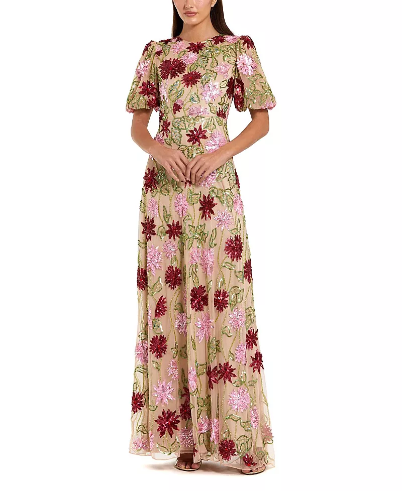 Mac Duggal Floral Embroidered Mesh Gown with Statement Sleeves