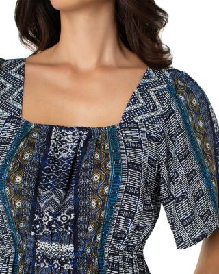 Printed Square Neck Elbow Sleeve Maxi Dress