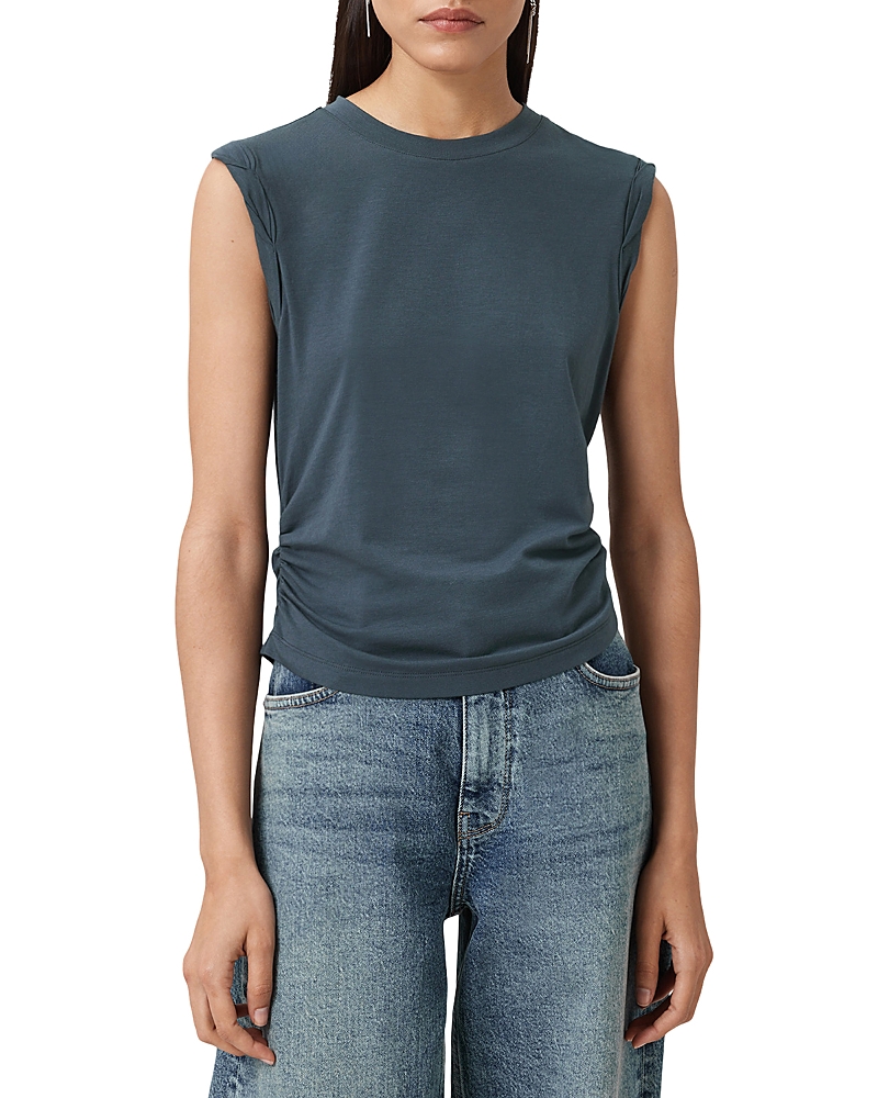 Allsaints Womens Dark Slate Blu West Ruched Stretch Cotton-blend Top In Gray