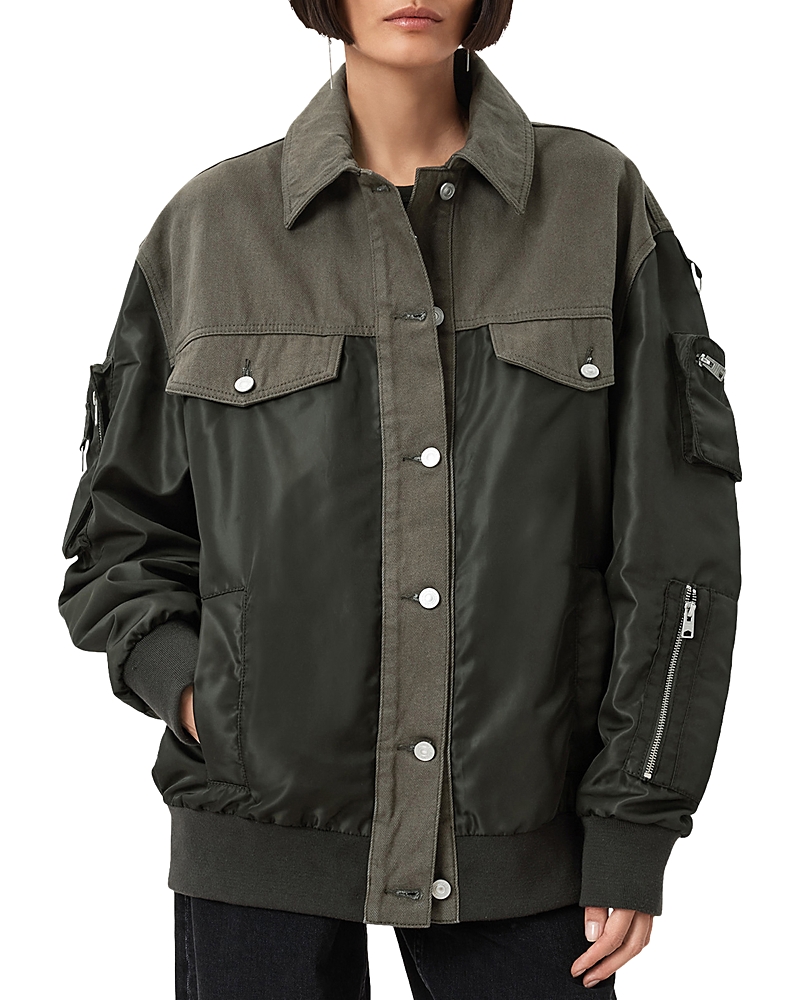 Allsaints Verity Mixed Media Bomber Jacket In Green
