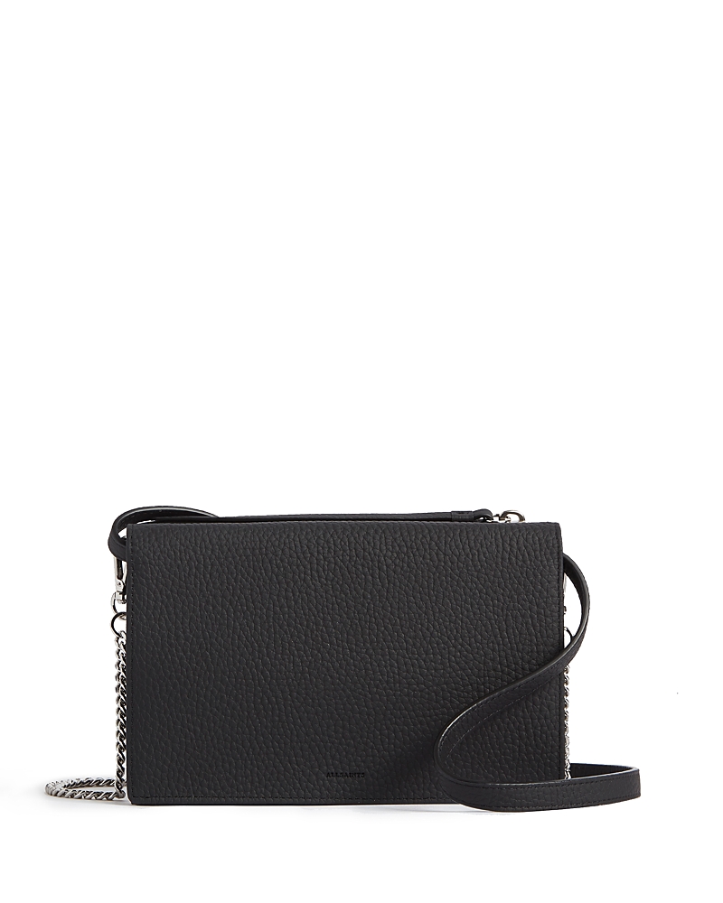 Allsaints Fetch Large Leather Chain Wallet Crossbody In Black