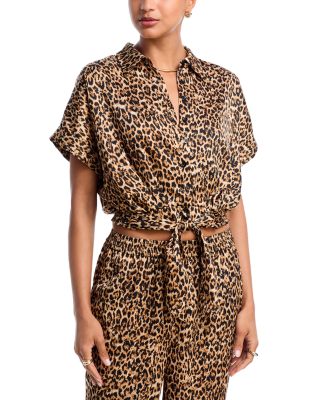 Satin Leopard Tie Front Shirt & Jogger Pants