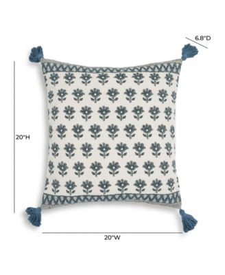 Blossom Printed Cotton Tassel 20 Inch Accent Cushion in Blue