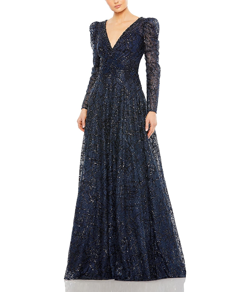 Mac Duggal Embellished V Neck Long Sleeve A Line Gown In Blue