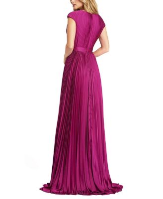  Pleated Plunge Neck Belted Satin Gown