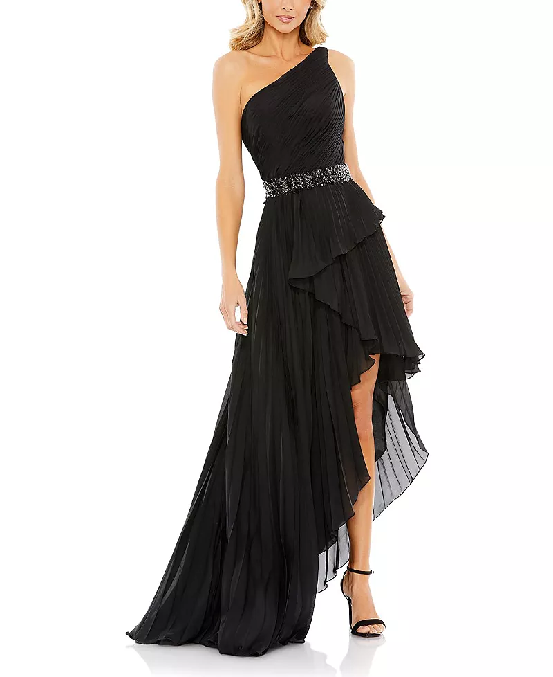 Mac Duggal Embellished Gown with Strappy Open Back & Asymmetrical Ruffle Hem