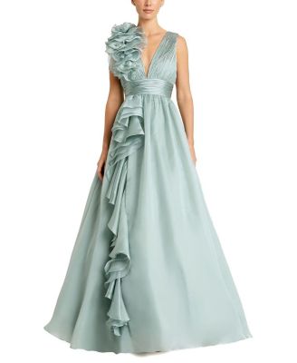 Ruffle Shoulder V-Neck Chiffon Gown