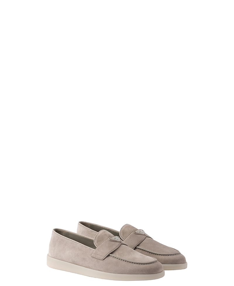 Prada Wildleder-loafer Mit Emailliertem Triangel-logo In Gray