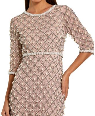 3/4 Sleeve Pearl Embellished Mesh Gown