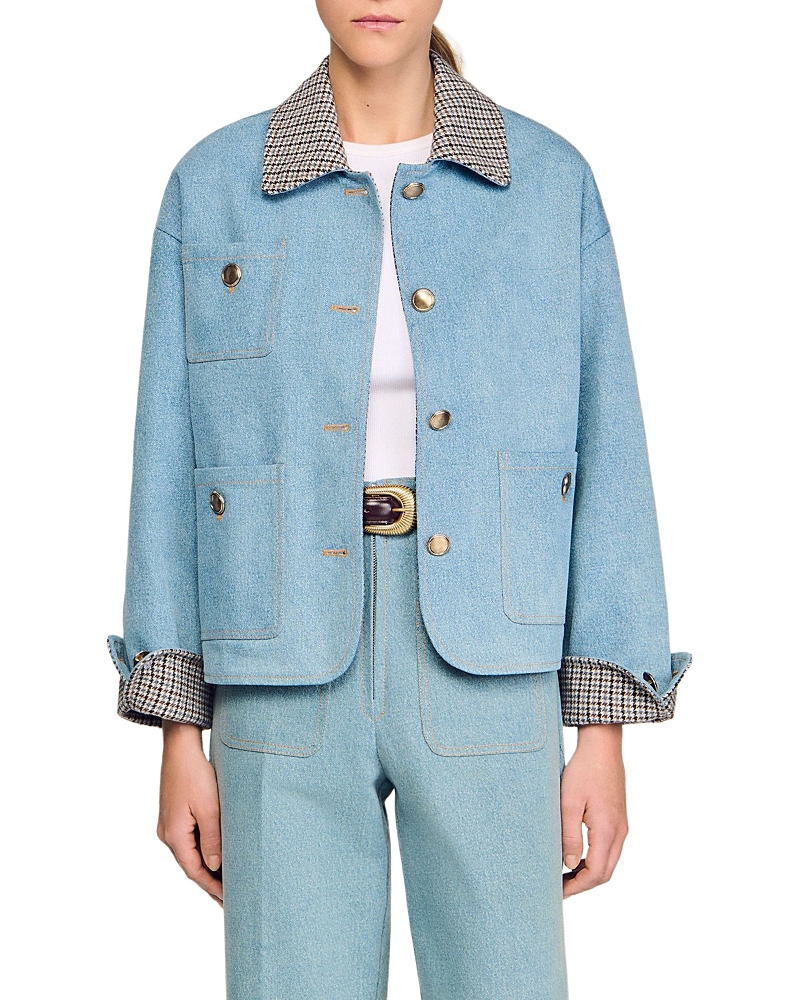 Sandro Womens Blue Jean Checked-collar Patch-pocket Denim Jacket In Blue
