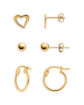 18K Gold-Plated Sterling Silver Heart, Sphere & Hoop Earrings, Set of 3