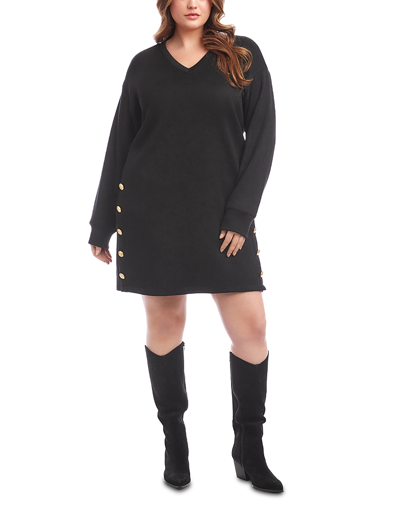 Karen Kane Plus Long Sleeve V Neck Button Detail Dress In Black