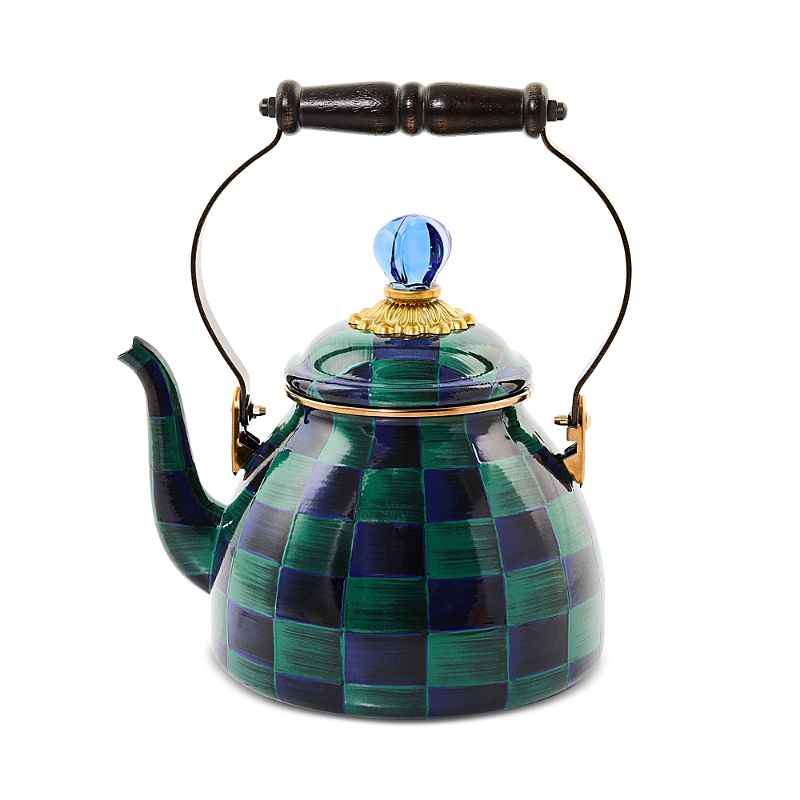 Mackenzie-childs Juniper Check Enameled 2-quart Tea Kettle In Blue