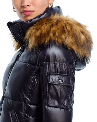 Gloss Puffer Jacket with Faux Fur Trimmed Hood - Exclusive