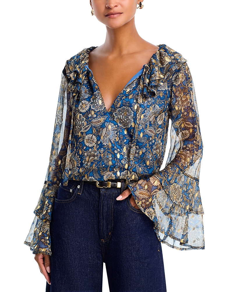 Aqua Block Floral Metallic Dot Ruffle Tie Front Blouse - Exclusive In Blue