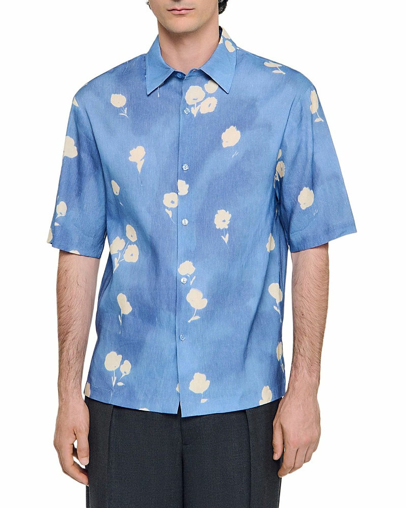 Sandro Mens Blue Office Floral-print Regular-fit Stretch Linen-blend Shirt In Blue