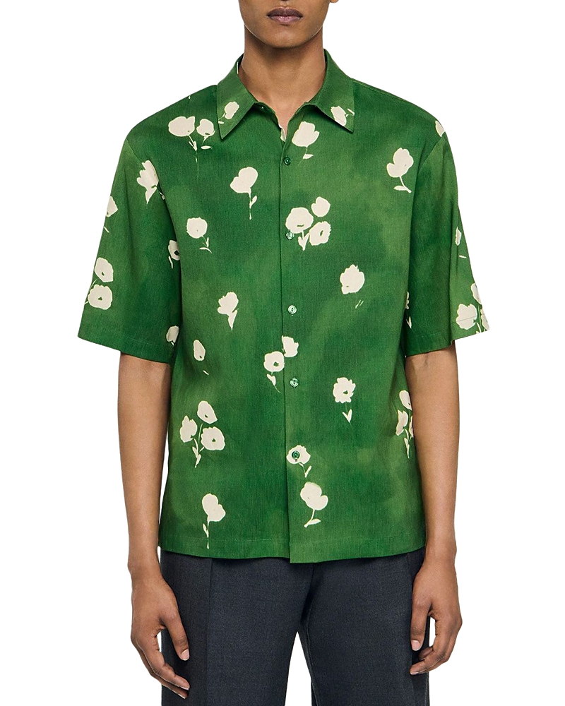 Sandro Mens Lime Floral-print Regular-fit Stretch Linen-blend Shirt In Green