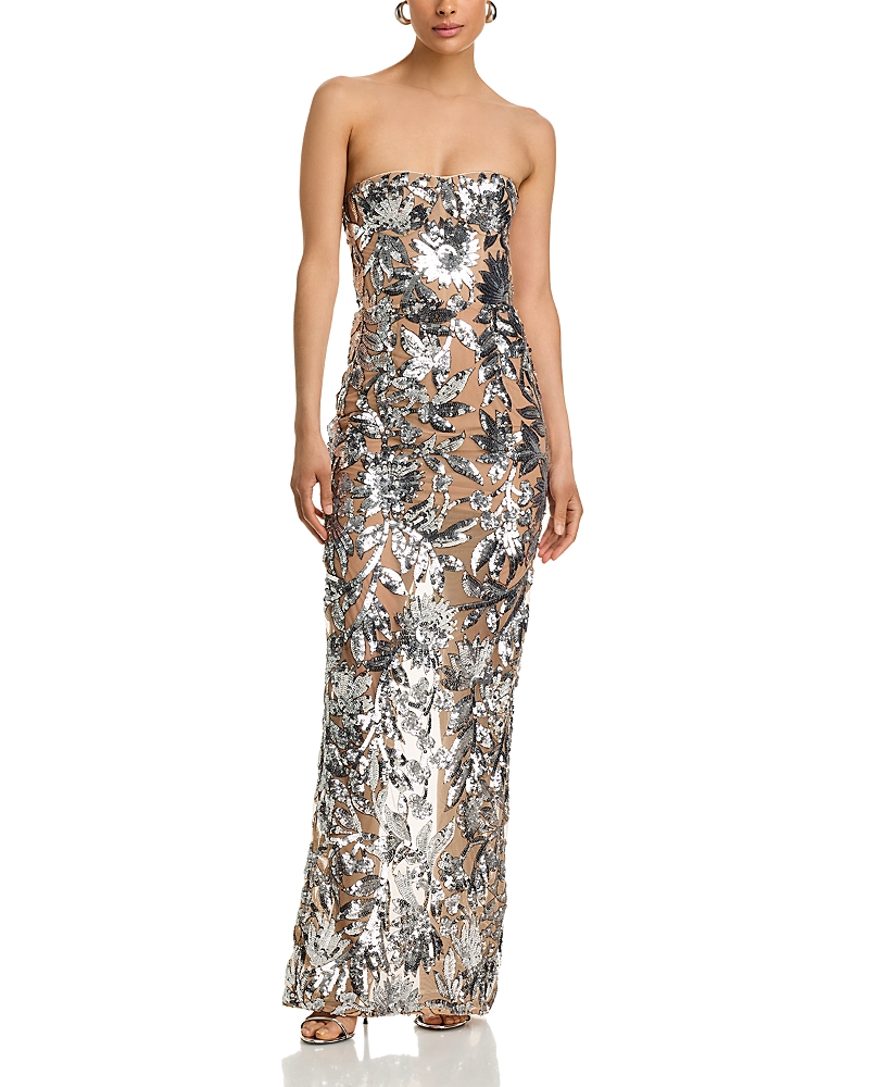 Bronx And Banco Dahlia Strapless Floral Sequin Column Gown In Multi